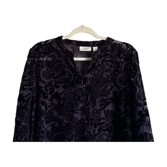Chicos Womens Velvet Burnout Tunic Top Chicos Size 2 (L) Black Purple VNeck - Picture 2 of 6